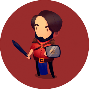 Cartoon game developer holding a pen and tablet, representing game creation.