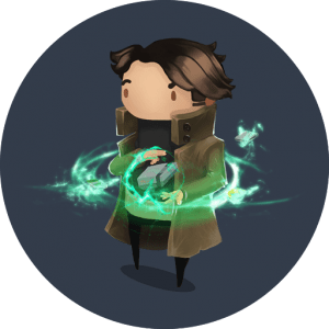 Game character holding a glowing crystal in a fantasy setting.