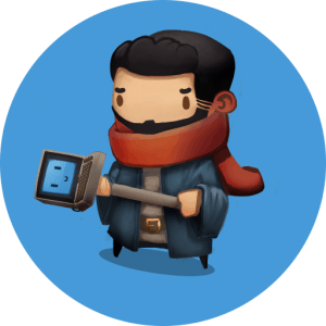 Chibi-style game character from Yellowcake Games holding a retro computer, representing creativity a.