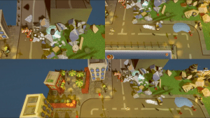 Top-down view of chaotic city street with damaged buildings and debris from Dashing Dodgems.