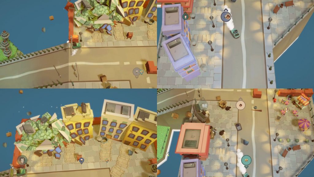 Colorful city scene from Dashing Dodgems with buildings and streets.