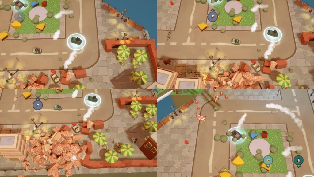 An overhead view of the Dashing Dodgems game scene with colorful bumper cars and vibrant park settin.