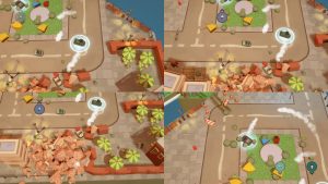 An overhead view of the Dashing Dodgems game scene with colorful bumper cars and vibrant park settin.