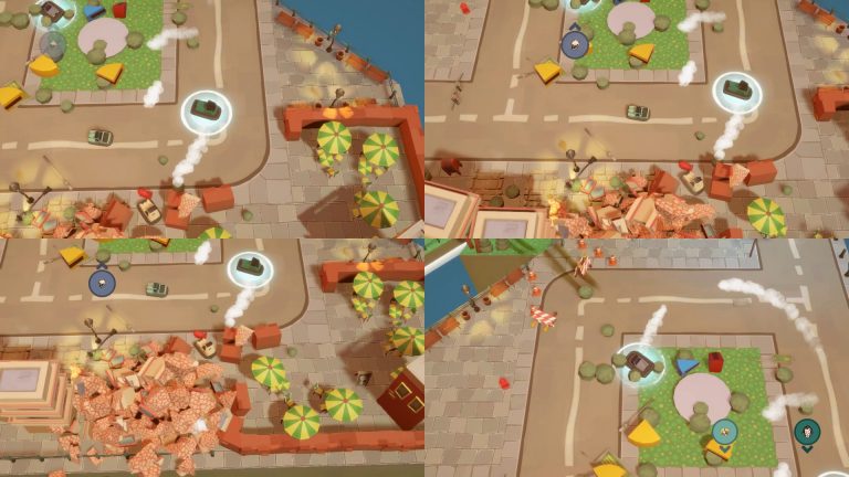 An overhead view of the Dashing Dodgems game scene with colorful bumper cars and vibrant park settin.