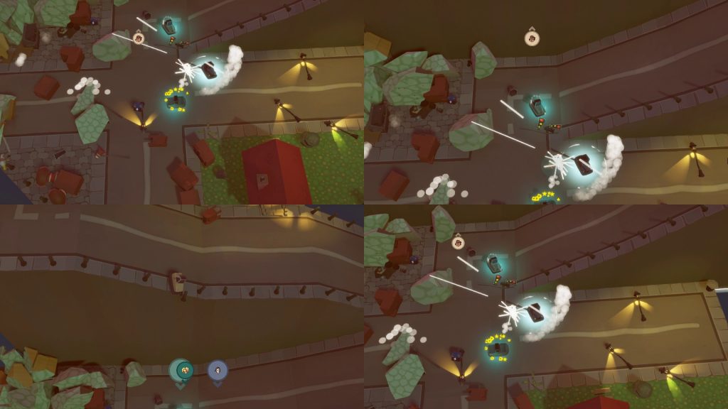 Gameplay screenshot of Dashing Dodgems showing colorful bumper cars in action.