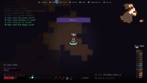 Pixel art wolf character healing in a dark cave scene.