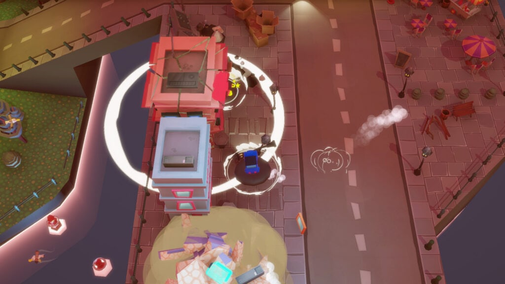 Colorful arcade bumper cars with players enjoying the Dashing Dodgems ride.