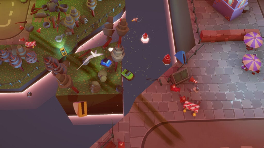 Colorful amusement park with bumper cars and rides for Dashing Dodgems.