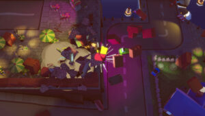 An overhead view of Dashing Dodgems, showcasing colorful bumper cars and vibrant amusement park elem.