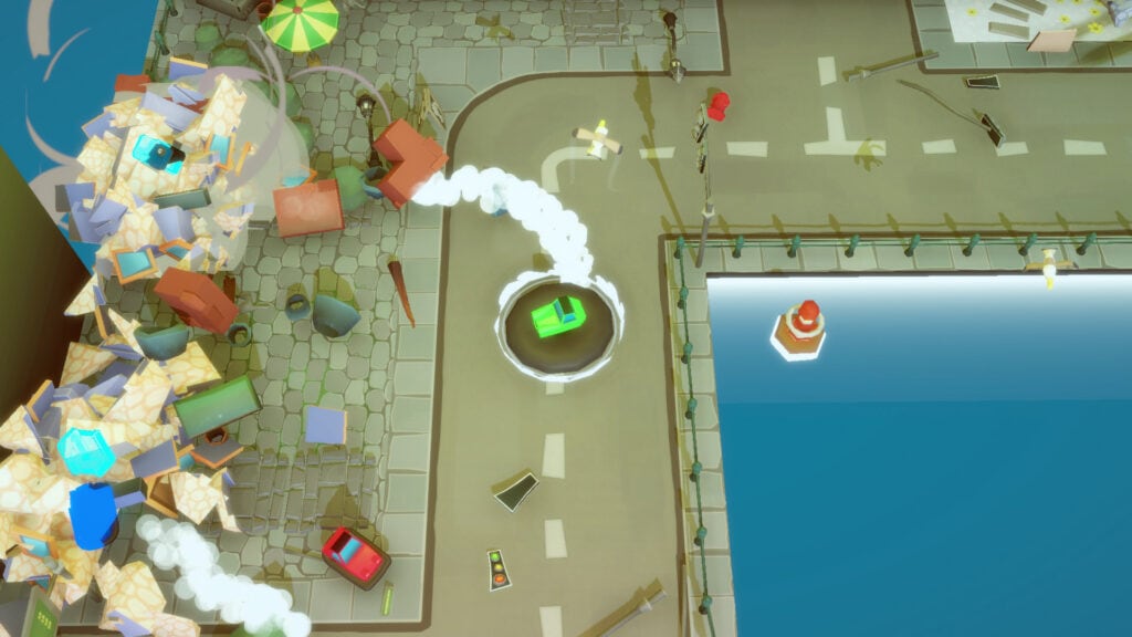 An overhead view of a chaotic city street with a bumper car racing game scene, featuring colorful ca.