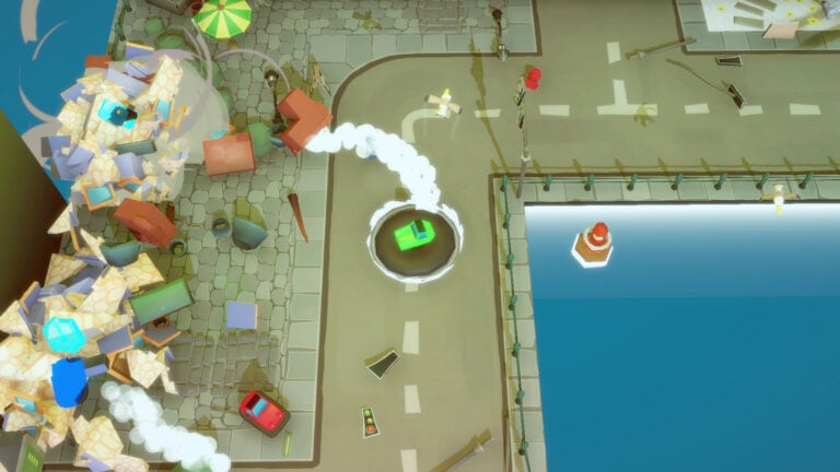 An overhead view of a chaotic city street with a bumper car racing game scene, featuring colorful ca.