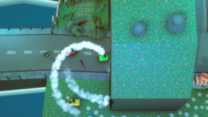 Two bumper cars racing on a colorful track with smoke trails in a vibrant arcade setting.