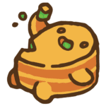 Cartoon-style yellow cake character with green sprinkles on a brown background.