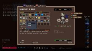 Gaming inventory screen showing gear and stats in Yellowcake Games' "Stay Safe".
