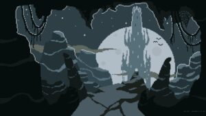 Dark cave scene with icy formations and a full moon, emphasizing safety and caution.