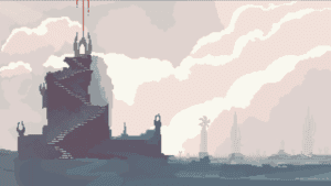 Pixel art of a mysterious fortress with a staircase, set in a desolate landscape under cloudy skies.